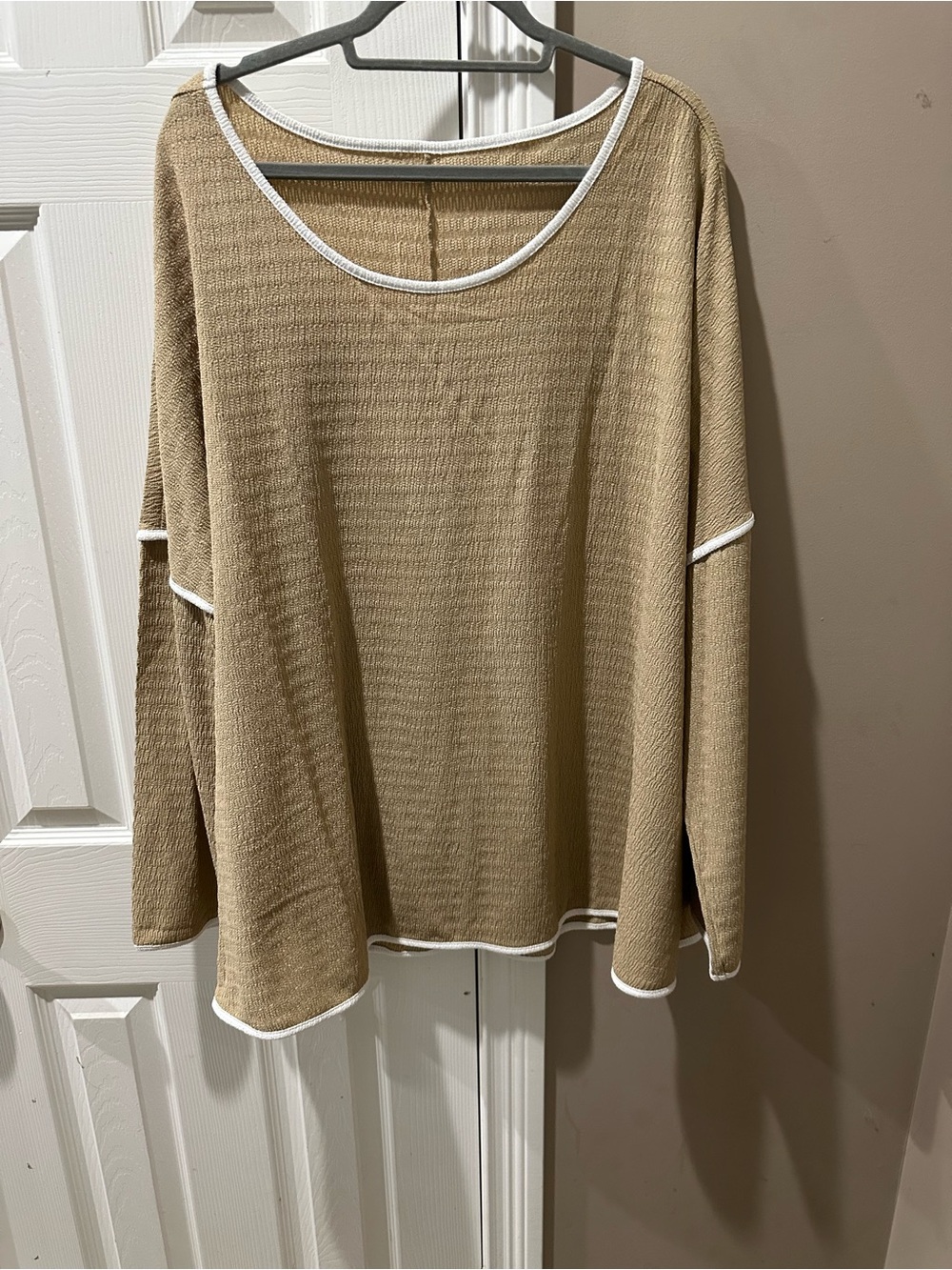 Women’s Waffle Knit Long Sleeve Top — Beige with White Trim